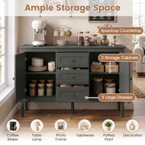 47" Buffet Cabinet with Storage, 3-Drawer Sideboard Cabinet, Green, view 7