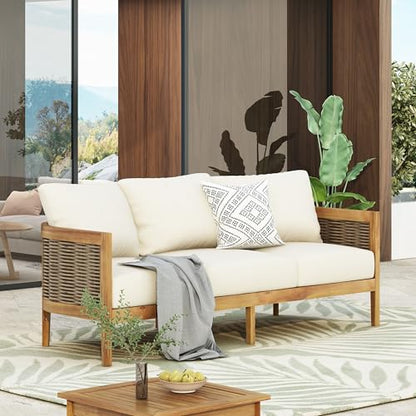 76.5" Outdoor Acacia Wood Wicker 3 Seater Sofa, Patio Furniture Couch for Backyard