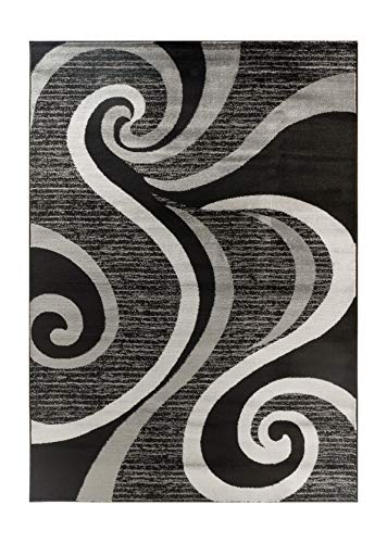 Modern Area Rug Swirls Carpet Bedroom Living Room Contemporary Dining Accent Sevilla Collection 4817A (4x6, Black)