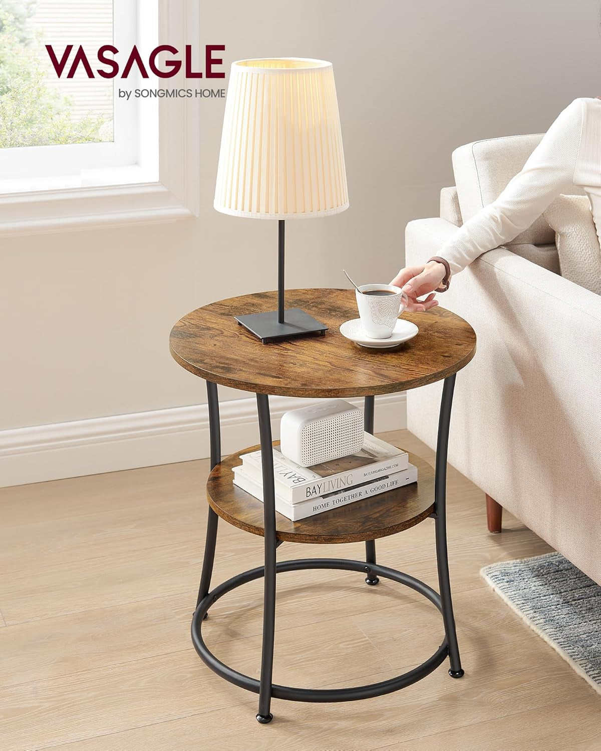 Side Table, 2-Tier round End Table, Nightstand with Steel Frame for Small Spaces, Living Room, Bedroom, Rustic Brown and Ink Black