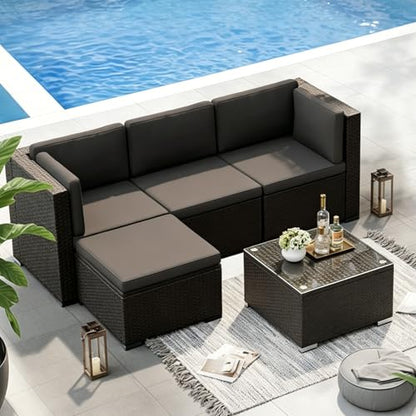 5-Piece Outdoor Patio Furniture Set, All-Weather PE Rattan Sectional Sofa with Ottoman, Glass Coffee Table & Cushions, Modular Wicker Conversation Set for Backyard, Garden, Porch, Dark Grey
