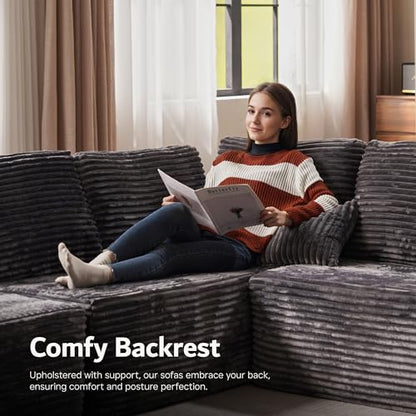 Sectional Cloud Couch for Living Room, Modular Floor Sofa with Plush Corduroy, No Assembly Required, Big Comfy Couches Set with Fluffy Memory Foam, Stupendous U Shaped Sofas with Chaise, Grey