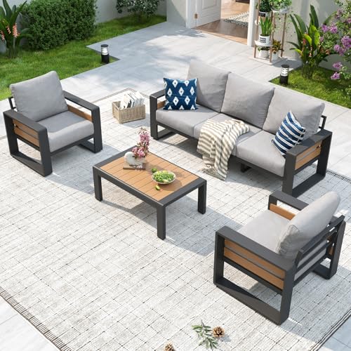 Aluminum Patio Furniture Set, 5 Seats Luxury Outdoor Sectional with 6" Olefin Fabric Cushions, Patio Conversation Sets with Coffee Table for Backyard, Porch Light Grey