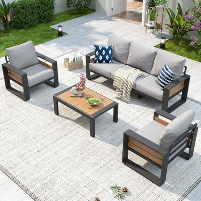Aluminum Patio Furniture Set, 5 Seats Luxury Outdoor Sectional with 6" Olefin Fabric Cushions, Patio Conversation Sets with Coffee Table for Backyard, Porch Light Grey