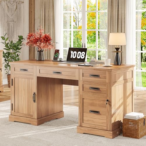 55'' Farmhouse Desk Home Office with Drawers, Executive Computer Desk Wooden with File Cabinet and Charging Station, Light Walnut
