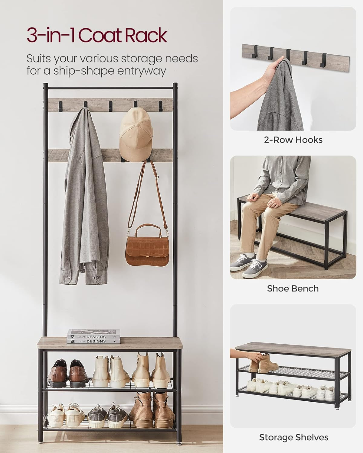 Coat Rack, Hall Tree with Shoe Storage Bench, Entryway Bench with Shoe Storage, 3-In-1, Steel Frame, for Entryway, 12.6 X 33.5 X 68.9 Inches, Industrial, Rustic Brown and Black UHSR401B01