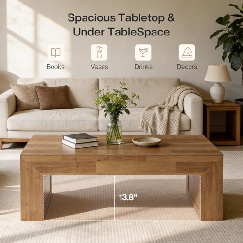 Tribesigns 47-Inch Farmhouse Coffee Table, Wooden Rectangular Center Table with Thick Base, Modern Cocktail Tea Furniture for Living Room (Oak Brown)