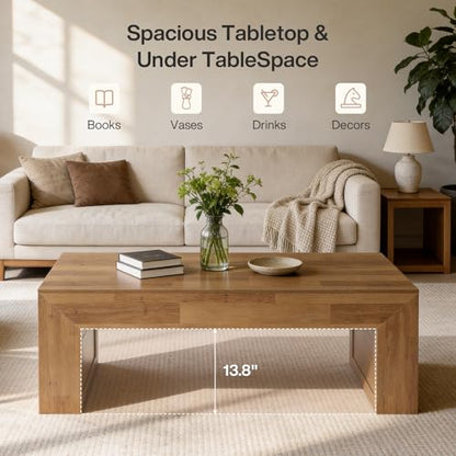 Tribesigns 47-Inch Farmhouse Coffee Table, Wooden Rectangular Center Table with Thick Base, Modern Cocktail Tea Furniture for Living Room (Oak Brown)