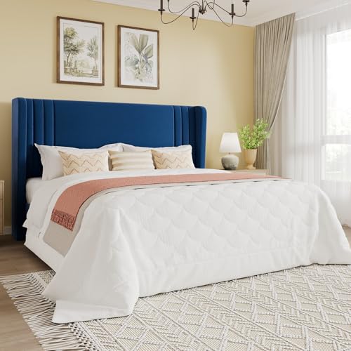 Queen Velvet Upholstered Bed Frame, Wingback Headboard, Blue, view 2