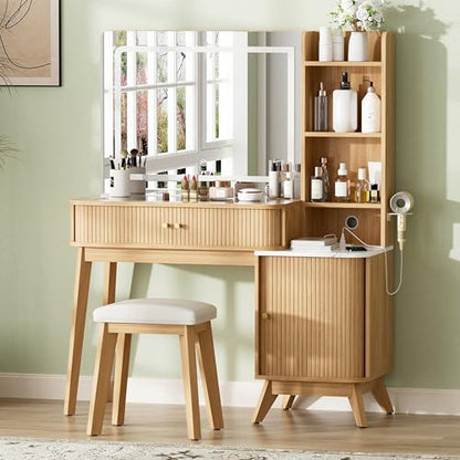 Fluted Makeup Vanity Desk with Large Lighted Mirror, view 2
