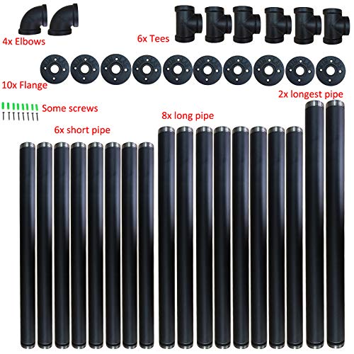 2Pc (56" Tall 12" deep 3/4") Industrial Wall Mount Iron Pipe Shelf Shelves Shelving Bracket Black Bookshelf Bookcase DIY Storage Office Kitchen (4Tier Hardware only)