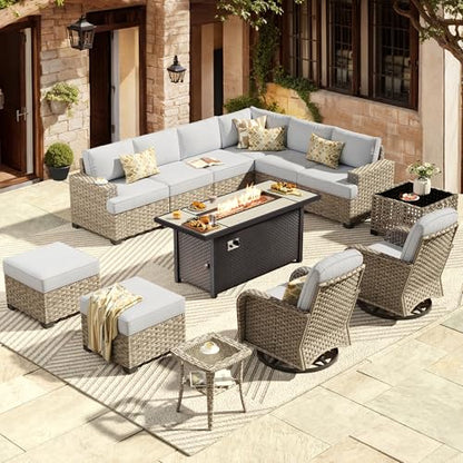 Outdoor Sectional Patio Furniture Set with Fire Pit Table,13 Pieces Wicker Conversation Sets L Shaped Couch,Extra Deep Out Door Sofa Outside Furniture with Swivel Chairs Ottomans,Light Gray