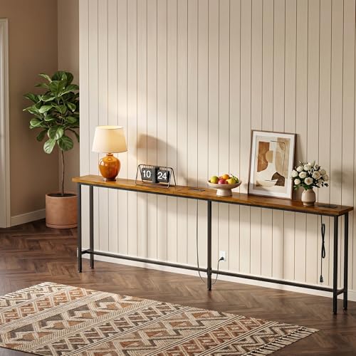 102 Inch Narrow Sofa Table with Power Outlets, Extra Long Console Table Behind Couch Table with Charging Station, Skinny Entryway Table Thin Table for Living Room, Narrow Spaces (Rustic Brown)