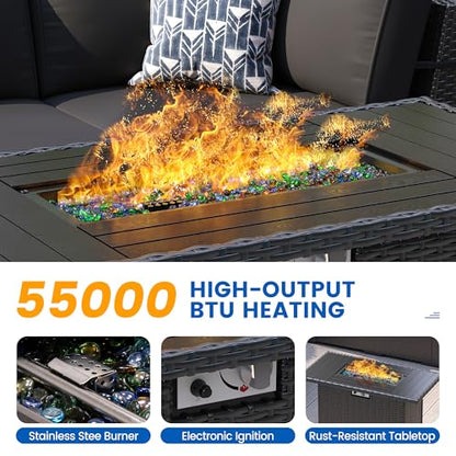 8 Piece Patio Furniture Set with 44” Fire Pit Table All-Weather Wicker Conversation Sectional Sofa & Coffee Table with Thickened Cushions for Backyard, Garden(Black)