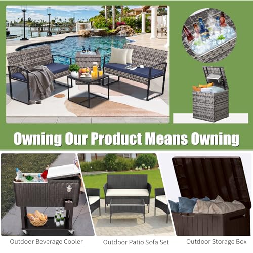 4 Piece Patio Furniture Set w/Built-in Cooler Storage Box, Grey/Blue | All-Weather Hand-Woven Rattan | Tempered Glass Table | Beverage Cooler | Comfy Loveseat | Indoor & Outdoor Use