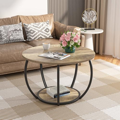 27.6 Inch Round Coffee Table with 2-Tier Storage | Center Table Living Room & Apartment Farmhouse Decor, Stable Waterproof Scratchproof Top, Lightweight Easy Assembly Gray Wash