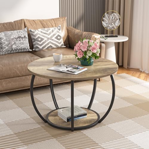 27.6 Inch Round Coffee Table with 2-Tier Storage | Center Table Living Room & Apartment Farmhouse Decor, Stable Waterproof Scratchproof Top, Lightweight Easy Assembly Gray Wash
