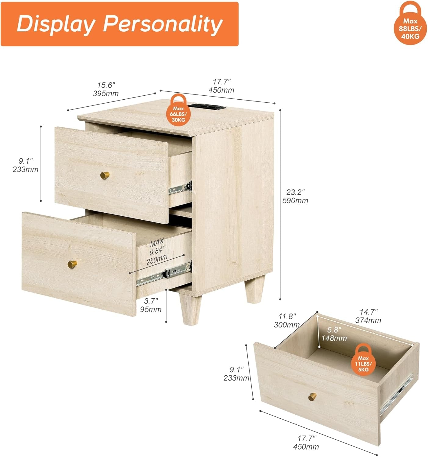 Dresser and Nightstand Set for Bedroom, 47.2 Inches Wood Dresser with 6 Drawers, 1 Piece Nightstand with Charging Station, Chest of Drawers and Bedside Table Set, Light Oak