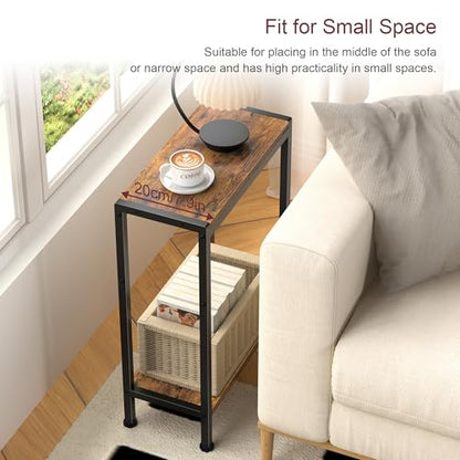 Narrow Side Table for Small Space, 2-Tier Slim End Table, Thin Nightstand, Skinny Snack Couch Table, Sofa Bedside Table in Living Room, Bedroom, Study, Kitchen and Balcony (Rustic Brown)