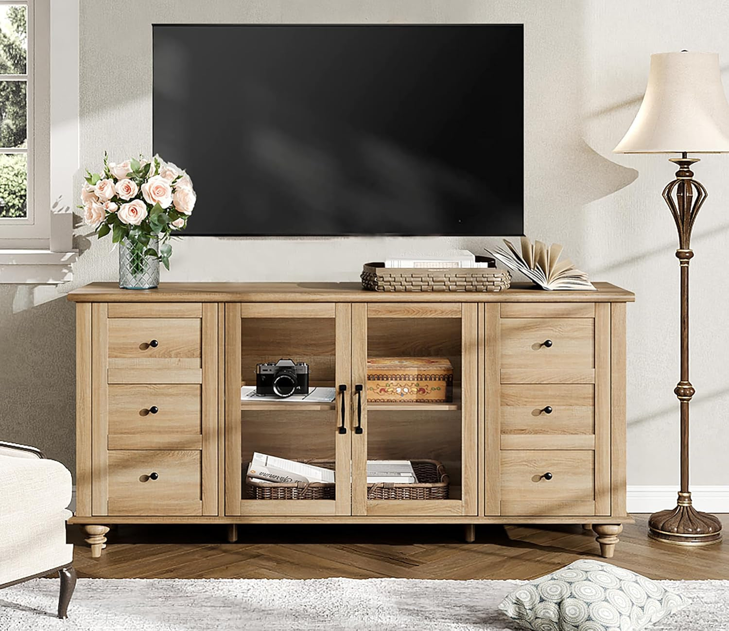 Glass Door Farmhouse TV Stand for Tvs up to 75 Inch, Wood Universal TV Console Table with 4 Storage Cabinets, Entertainment Center for 32-75 Inch TV Console Cabinet, 58'',Oak