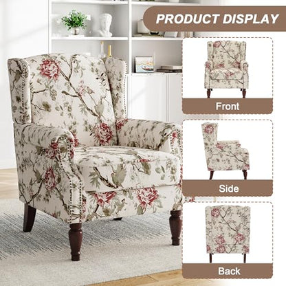 High Back Floral Accent Chair - Retro Wingback Upholstered Armchair with Nailhead Trim, Solid Wood Legs, Fabric Living Room Bedroom Reading Chair (Flower Beige)