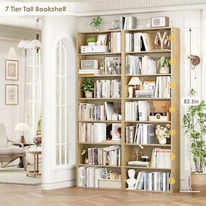 82" Tall Bookshelf, 7-Tier Open Shelves Bookcase, Freestanding Display Storage Shelves, Tall Bookcase Home Decor Furniture for Home Office, Living Room, Bedroom, Light Oak
