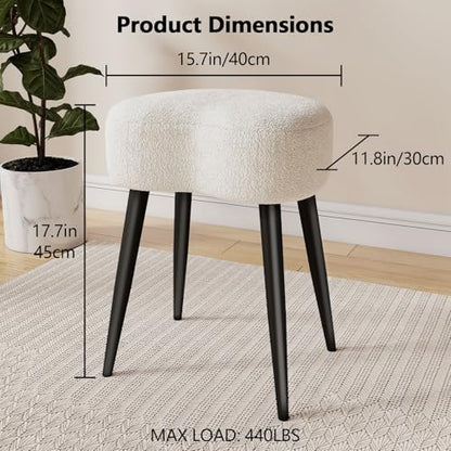 Teddy Velvet Vanity Stool, Upholstered Makeup Chair with Sturdy Metal Legs, Soft Padded Ottoman Footrest, Modern Accent Stool for Bedroom, Living Room, Entryway (White, 17.7in H)