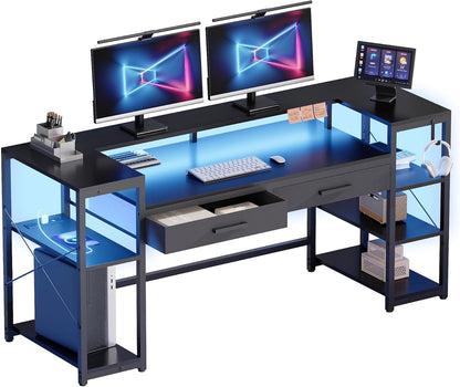 58 Inch Computer Desk with Monitor Stand and Shelves Gaming Desk with LED Lights & Power Outlets PC Vanity Table with 2 Drawers for Home Office Black