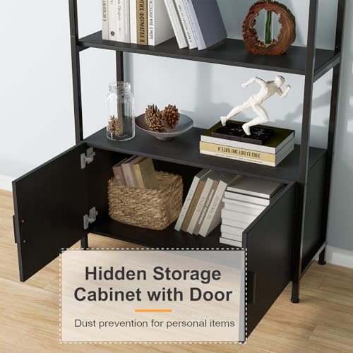 Arched Bookshelf, Bookcase with Doors Storage, 71 Inches Tall Industrial Book Shelf with Sturdy Metal Frame, E1 Quality Boards, Freestanding Display Shelving Unit, Black