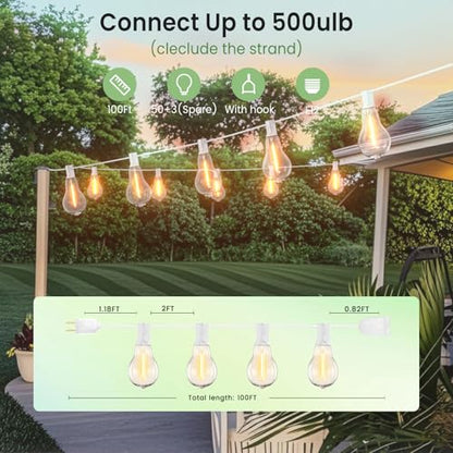 Outdoor String Lights 100 Feet LED Patio Lights 53 Plastic Edison Bulbs (3 Spare), Waterproof Connectable Hanging Light for Backyard Porch Balcony Party Decor, White