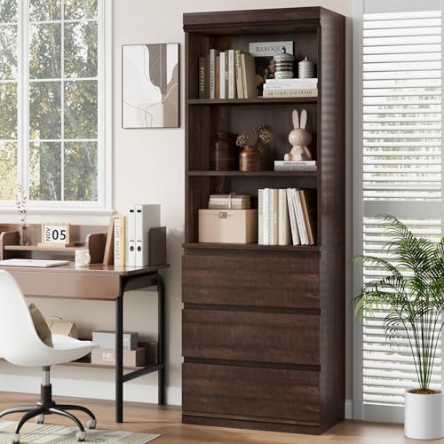 70" Tall Bookcase with Drawers, Bookshelf w/ 3 Tier Open Shelves & 3 Storage Drawers, Modern Deep Storage Book Shelf Storage Cabinet Organizer for Living Room Office Library (Brown)