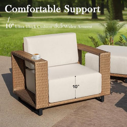 6 Pieces Outdoor Patio Furniture Set, Rocker Chairs and Sofa with 10 inch Thick Cushions and Steel Frame and Wooden Board, PE Rattan Weaving Outdoor Conversation Set Brown/Light Gray Linen