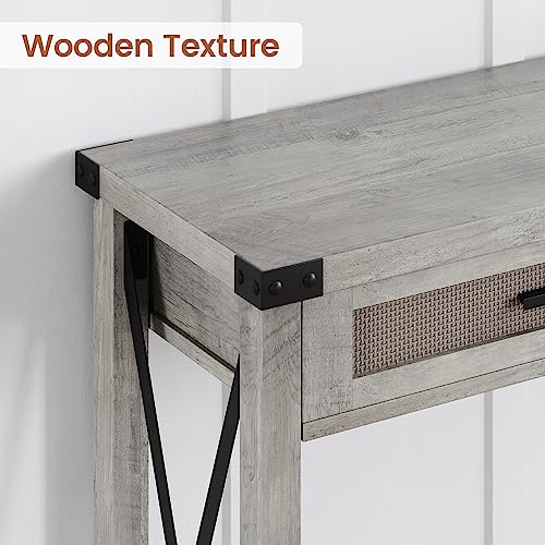 Farmhouse Entryway Table, Grey Console Table with Rattan Drawers, 43" Sofa Table with Storage, Console Tables for Entryway, Living Room, Hallway, Foyer-Grey