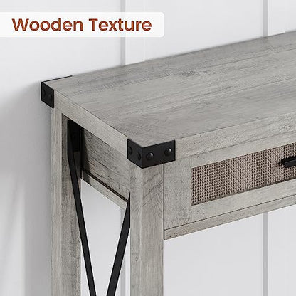 Farmhouse Entryway Table, Grey Console Table with Rattan Drawers, 43" Sofa Table with Storage, Console Tables for Entryway, Living Room, Hallway, Foyer-Grey