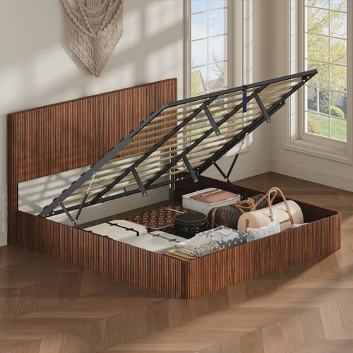 Fluted King Size Platform Bed Frame with Lift up Storage, view 5