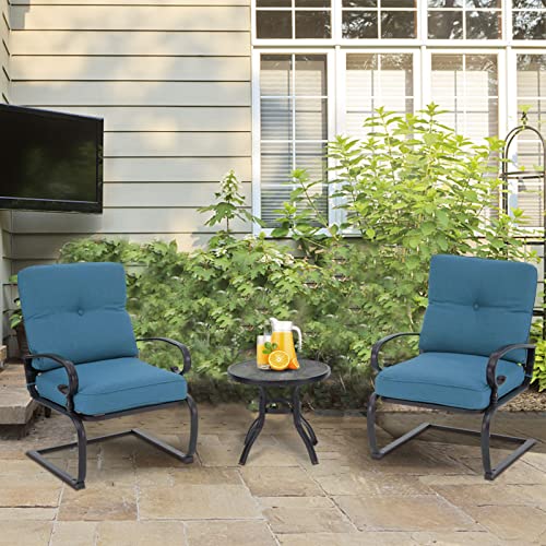 Outdoor Furniture 3Pcs Patio Bistro Set, Springs Motion Chairs and Bistro Round Table Set, Metal Small Patio Conversation Set with Cushions (Peacock Blue)