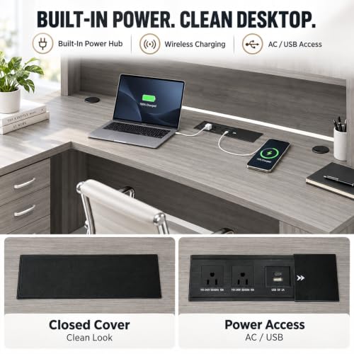 71" L Shaped Executive Desk with Hutch, Built-In Power & Storage Cabinet, view 5