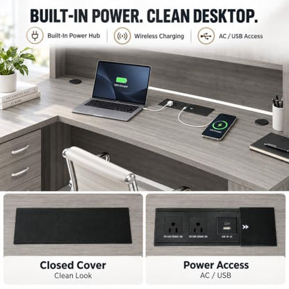 71" L Shaped Executive Desk with Hutch, Built-In Power & Storage Cabinet, view 5