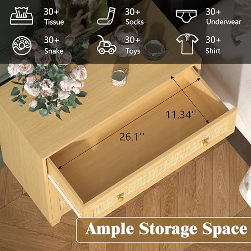 3 Drawer Rattan Dresser for Bedroom, Small Boho Nightstand Sets with Wooden Feet, Rattan Wood Clothes Storage Cabinet for Hallway, Living Room, Entryway (Wood, 3 Drawers)