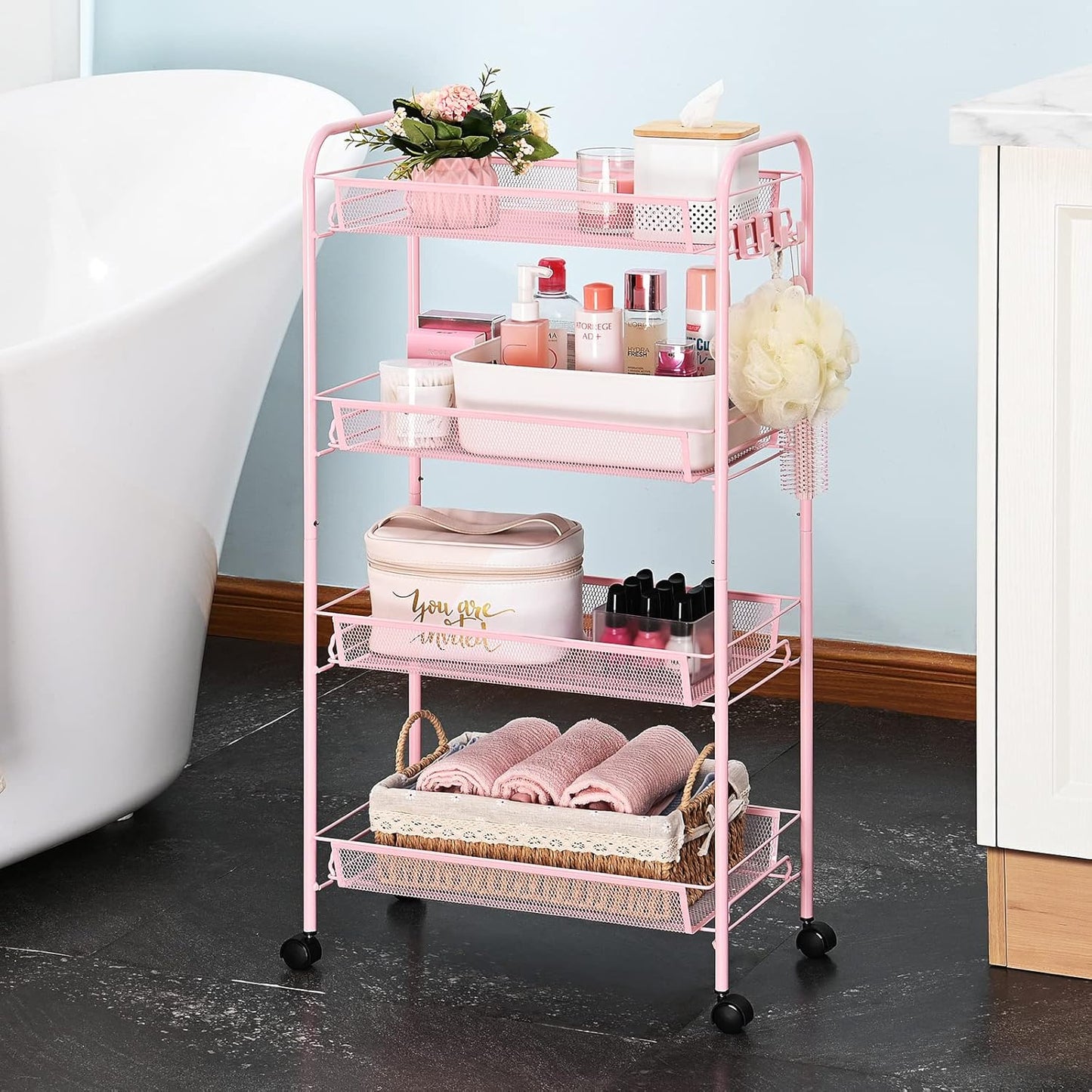4 Tier Rolling Utility Cart - Durable Metal Design Pink Utility Cart, Storage Trolley on Wheels with 3 Hooks, Perfect for Kitchen, Bathroom & Laundry Room Organization