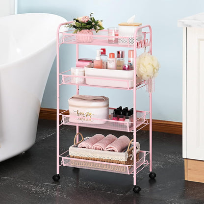4 Tier Rolling Utility Cart - Durable Metal Design Pink Utility Cart, Storage Trolley on Wheels with 3 Hooks, Perfect for Kitchen, Bathroom & Laundry Room Organization