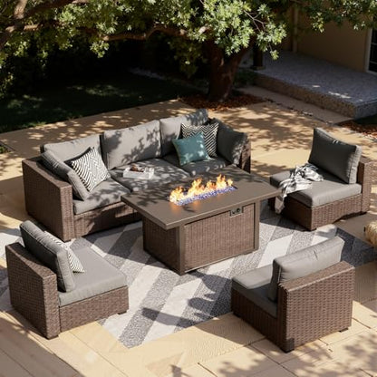 7-Pieces Patio Furniture Sets Outdoor Sectional Sofa with 44'' Propane Rattan Wicker Firepit Table, Patio Sectional Conversation Set with Cushions for Backyard, Poolside, Garden Grey