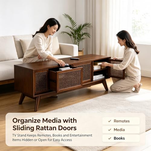 VEADONS 59" Mid Century Rattan TV Stand Dark Wood Media Console for 65 Inch TV, view 3