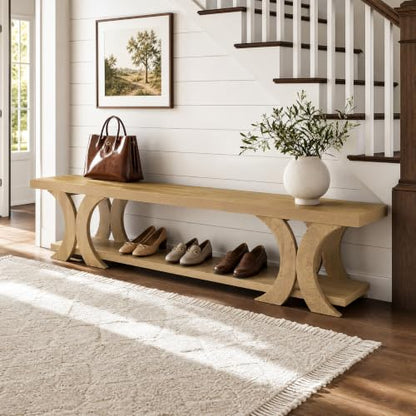 70.87" Extra Long Entryway Bench, Farmhouse Entryway Bench with Shoe Storage, Wooden Seating with Curved Legs for Living Room, Bedroom, Hallway, Foyer, Easy Assembly