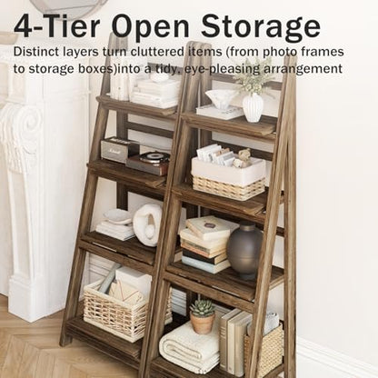Ladder Shelf 4-Tier Foldable Solid Wood Bookshelf Plant Stand, view 7