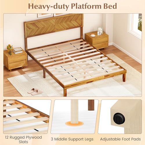 Wood Queen Bed Frame, Acacia Wooden Platform Bed Frame with Headboard, view 7