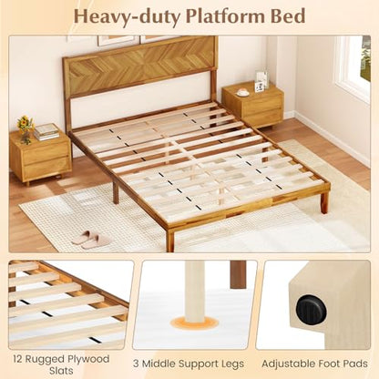 Wood Queen Bed Frame, Acacia Wooden Platform Bed Frame with Headboard, view 7