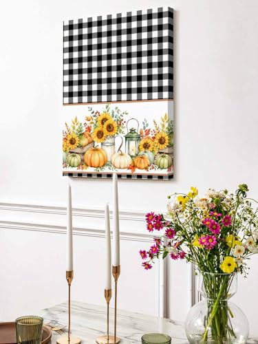 NuYeBiofx Thanksgiving Pumpkin Sunflower Canvas Wall Art Prints,30"x20" Framed Picture Artwork Fall Leaves Buffalo Plaid Printed Canvas Oil Painting for Living Room Bedroom Office,Ready to Hang