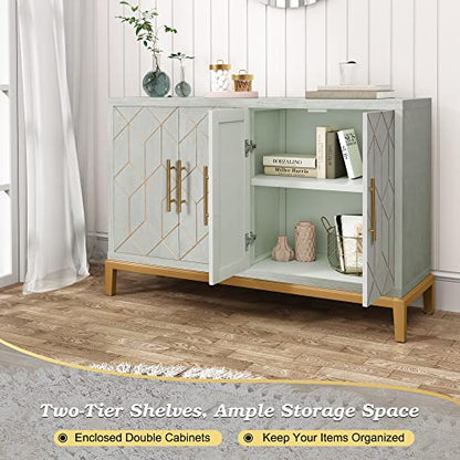 48" Accent Cabinet with 4 Doors and Shelves, Modern Credenza Storage Cabinet with Gold Trim, Green Buffet Cabinet for Living Room, Kitchen, Dining Room, Hallway