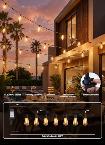 100FT Outdoor-String-Lights with Remote, Shatterproof ST38 LED Bulbs, view 7